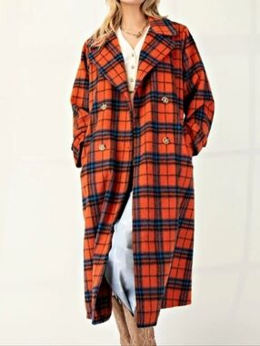 Easel Orange Plaid Long Jacket Coat Size Large NWT